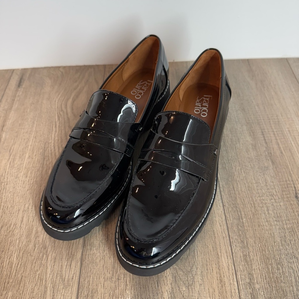 Franco Sarto Cassandra Penny Loafers — Black Patent Leather (Size 9.5)